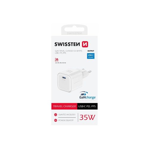 SWISSTEN punjač za AC220, GaN, 35W, 1xUSB-C, 3A, bijeli slika 1