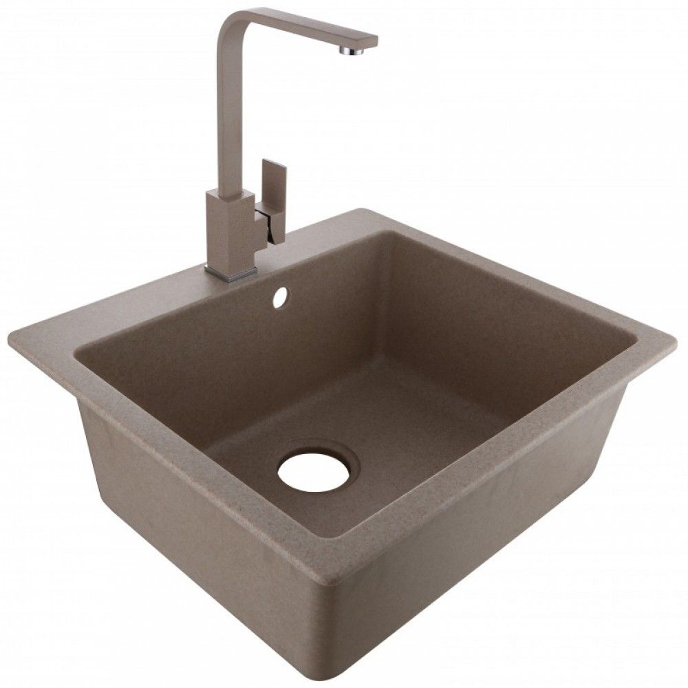 Inter Ceramic sudoper usadni kvadratni sa slavinom 55x48 cm + sifon, granit bež slika 1