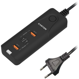 CANYON H-10, Wall charger. CNE-CHA10B Input: 100-240V~50/60Hz 1.0A Max Output1/Output2: DC USB-A QC3.0 5.0V/3.0A,9.0V/2.0A,12.0V/1.5A 18.0W(Max)USB-C PD 5.0V/3.0A,9.0V/2.22A,12.0V/1.67A 20.0W(Max)USB-A+C 5.0V/3.0A 15.0W(Max)Total Power: 40.0W