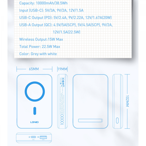 Back up baterija LDNIO PQ16 10000mAh, 15W wireless, sivo bela slika 9