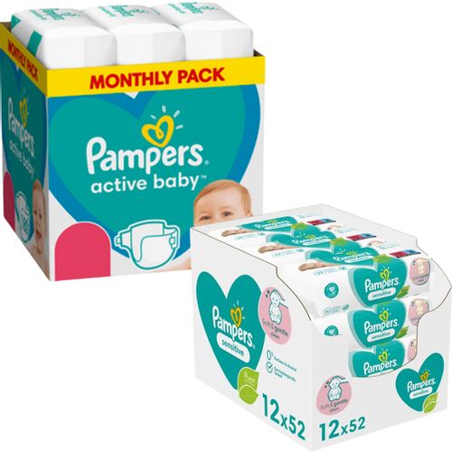 Pampers Active baby  mesečno pakovanje pelena + Pampers vlažne maramice sensitive 12X52 XXL slika 1