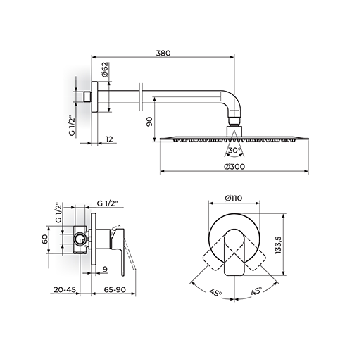 Rosan  S.2 Uzidna baterija sa tušem D.300mm slika 2