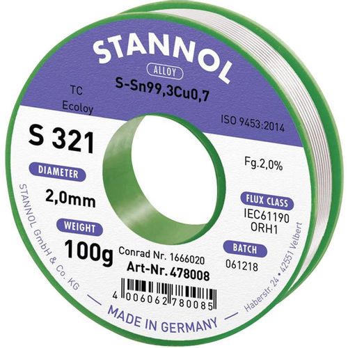 Stannol S321 2,0% 2,0MM SN99,3CU0,7 CD 100G lemna žica, bezolovna bezolovni , svitak  Sn99,3Cu0,7 ORH1 100 g 2 mm slika 3