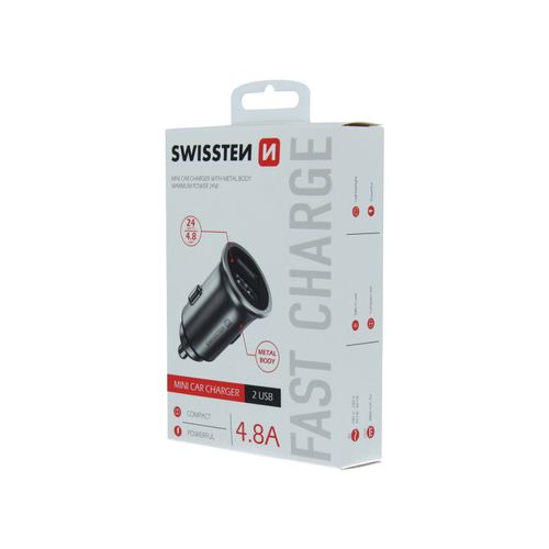 SWISSTEN punjač za auto, 2xUSB, 4.8A, 12-24V, metalic, srebrni slika 3