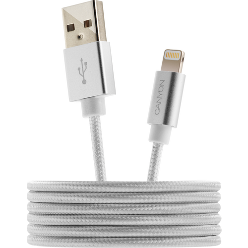 CANYON MFI-3 Charge &amp; Sync MFI braided cable with metalic shell, USB to lightning, certified by Apple, cable length 1m, OD2.8mm, Pearl White slika 2