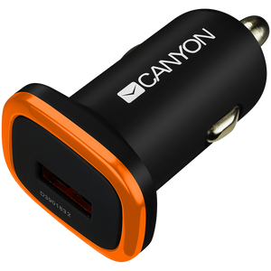 CANYON C-01 Universal 1xUSB car adapter, Input 12V-24V, Output 5V-1A, black rubber coating with orange electroplated ring(without LED backlighting), 51.8*31.2*26.2mm, 0.016kg