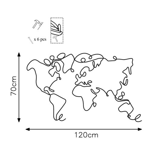 Wallity Dekorativni Metalni Zidni Ukras - Mapa Sveta u Crnoj Boji slika 6