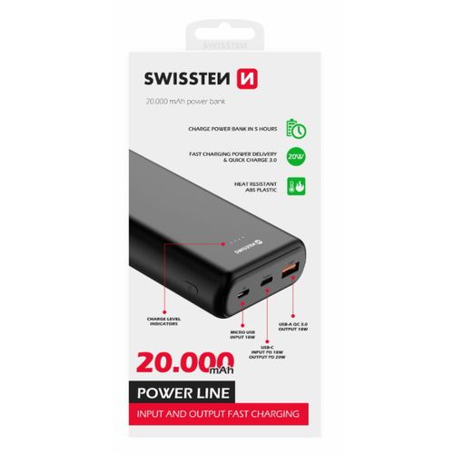 Dodatna baterija - Power Bank SWISSTEN 20000mAh, QC 3.0, USB-C, crna slika 1