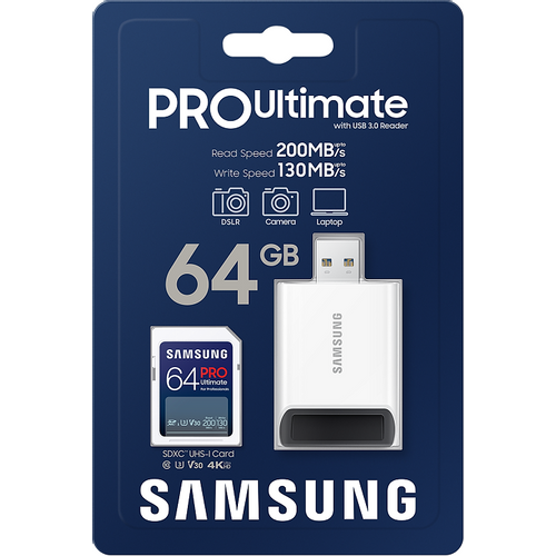 Samsung MB-SY64SB/WW SD Card 64GB, PRO Ultimate, SDXC, UHS-I U3 V30, Read up to 200MB/s, Write up to 130 MB/s, for 4K and FullHD video recording, w/USB Card reader slika 2