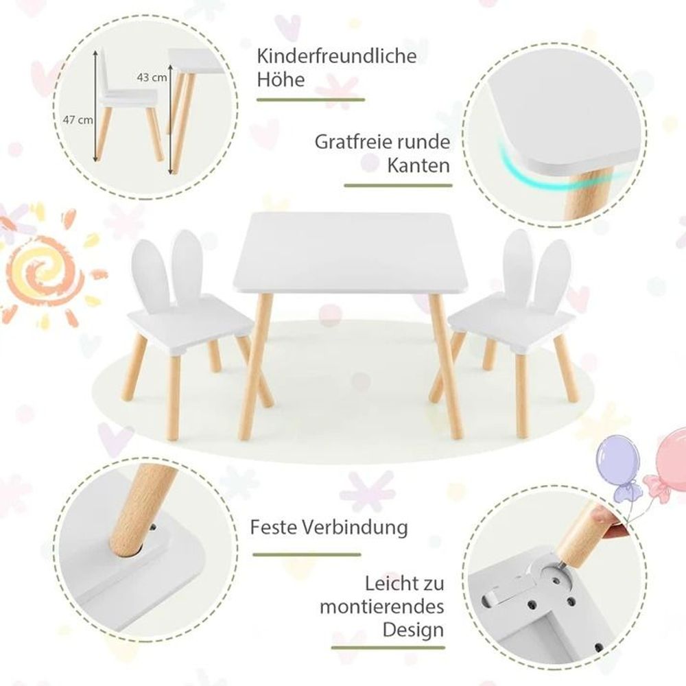 Kinder Home Drveni dječiji sto sa dvije stolice Bunny, Bijeli slika 10