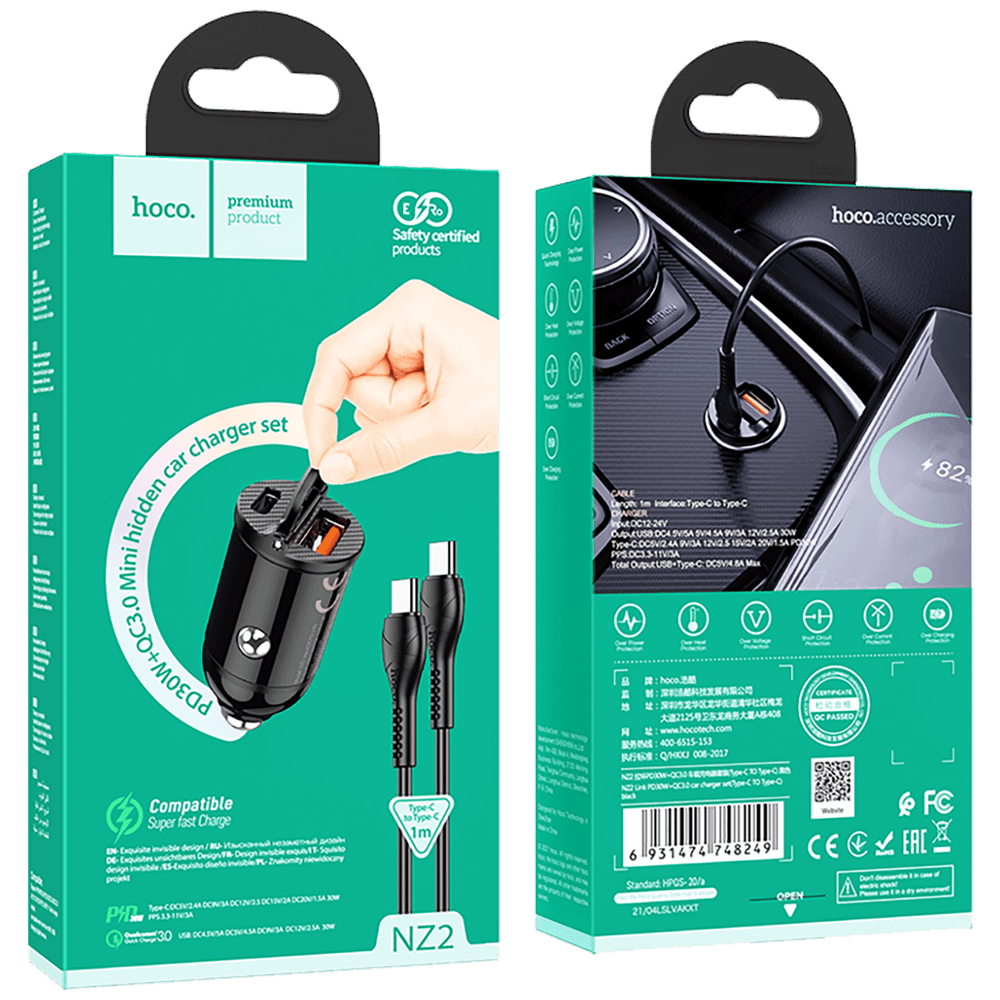 hoco. Auto punjač sa type C kabelom, PD + QC3.0, 2 x USB, 4.8 A - NZ2 Link, type C, Black slika 2
