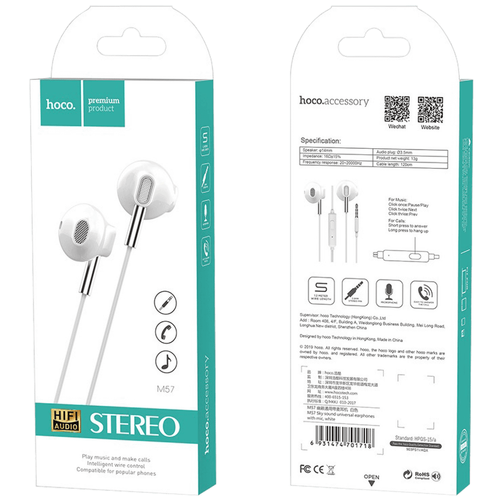 hoco. Slušalice sa mikrofonom, 3.5 mm,dužina kabela 1.2 met,bijela - M57 Sky sound, White slika 5