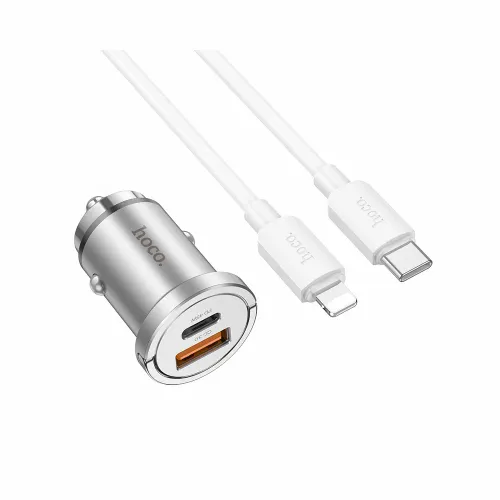 HOCO auto punjač USB A + Type-C + kabel Type-C na Lightning PD QC3.0 4A 45W NZ10 srebrni slika 3