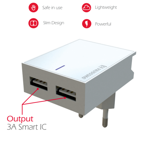 Swissten punjač 2x USB 3A+ kabl micro USB 1,2m bela slika 2