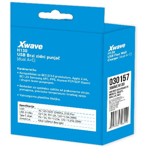 Xwave H130 20w USB brzi ZIDNI punjac za mobilne,tablete,dual A+C Beli slika 4