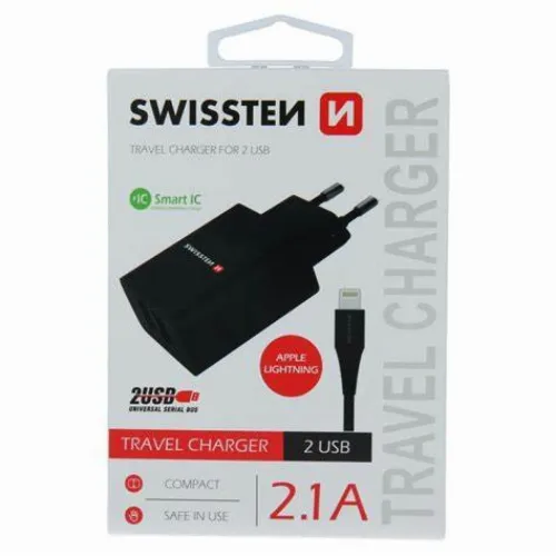 Swissten punjač 2xUSB 2,1A+ kabl Lightning 1,2m crna slika 3