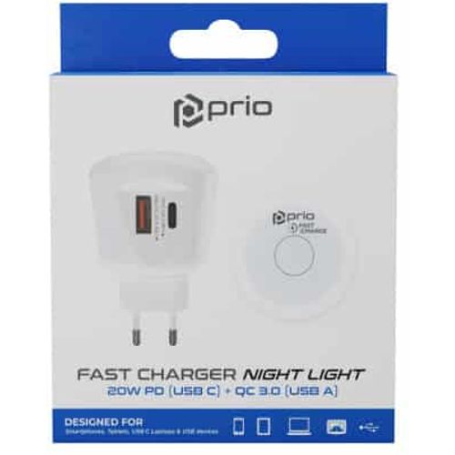 Prio Fast Charge Zidni punjač 20 W PD (USB C) + QC 3.0 (USB A) Noćno svjetlo bijelo slika 4