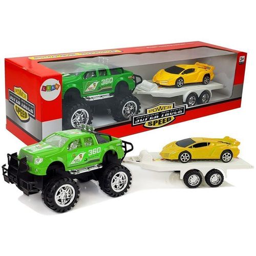 Set vozila Monster Truck sa sportskim autom na prikolici, zeleno-žuti slika 1