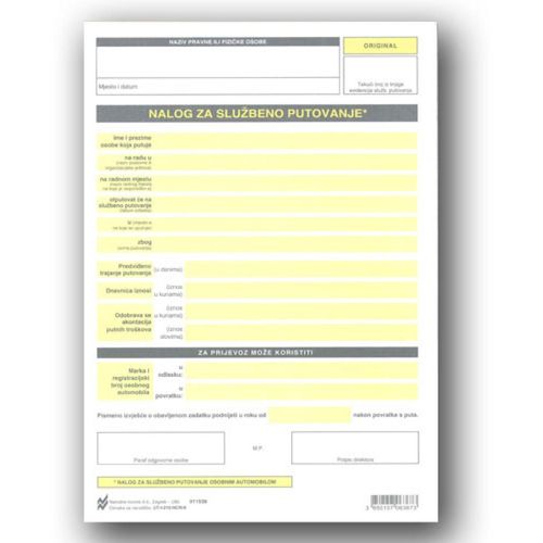 I-210/NCR/A NALOG ZA SLUŽBENO PUTOVANJE; Komplet (arak + 2 uložna lista), 17 x 24 cm slika 1