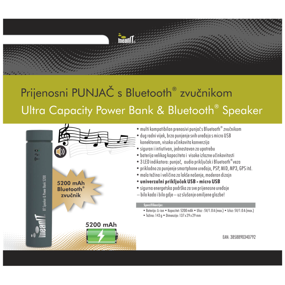 MeanIT Punjač prijenosni za mobitele +  BT zvučnik, 5200mAh - PPS6 slika 2