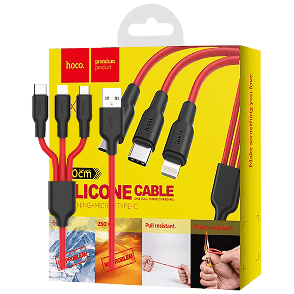 hoco. USB kabl, 3in1, microUSB, type C, Lightning, 1.2 met., 2 A - X21 Silicone 3in1, Black/Red slika 1