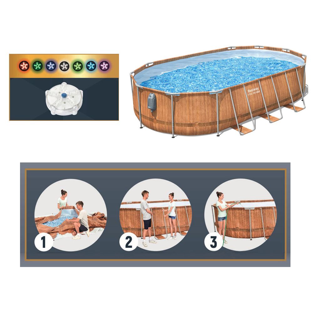 Bestway Frame Pool 610x366x122 Board 10in1 Pumpa Ljestve + LED 56719 slika 6