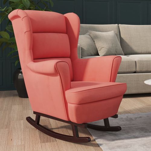 Fotelja za ljuljanje s drvenim nogama ružičasta baršunasta slika 1