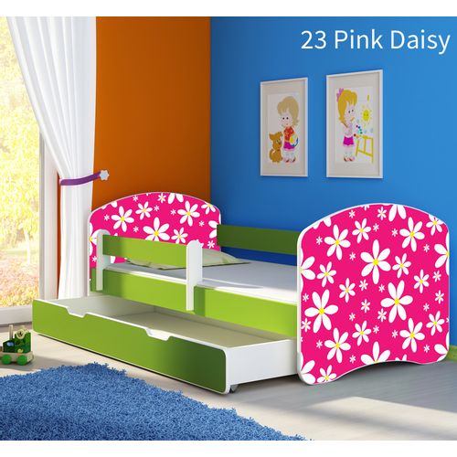 Dječji krevet ACMA s motivom, bočna zelena + ladica 140x70 cm 23-pink-daisy slika 1