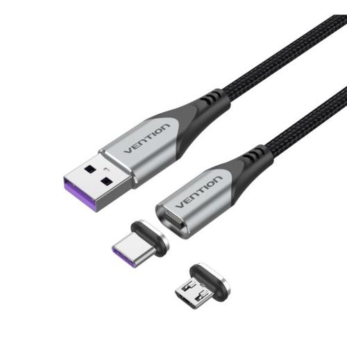 Vention USB 2.0 A Male to 2-in-1 Micro-B USB-C Male 5A Magnetic Cable 1m, Gray slika 1