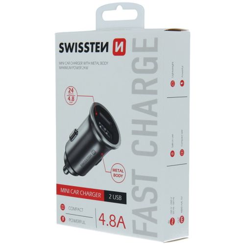 SWISSTEN punjač za auto, 2xUSB, 4.8A, 12-24V, metalic, srebrni slika 3