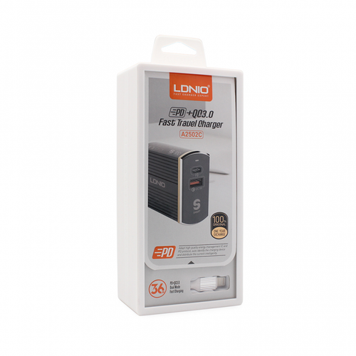 Kucni punjac LDNIO A2502C Quick Charge 3.0 PD+USB 5V 3A sa iPhone lightning kablom crni slika 1