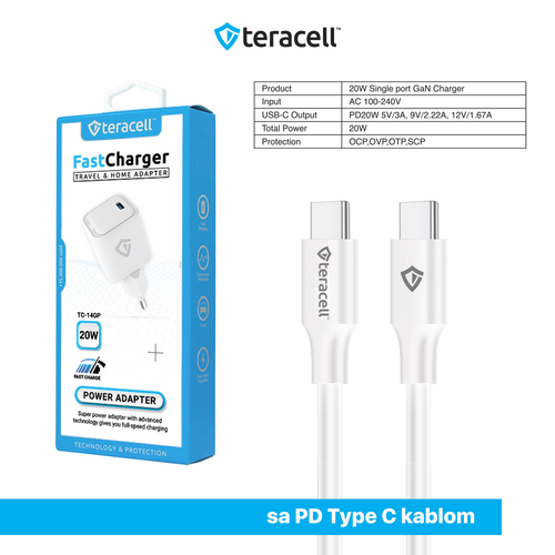 Kucni punjac Teracell Evolution TC-14GP, GaN, PD 3.0, 20W sa PD Type c kablom beli CE slika 4