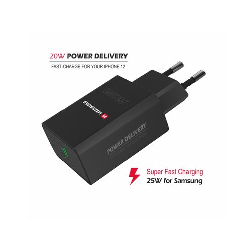 SWISSTEN punjač za AC220, 1xUSB-C, PD 25W, za iPhone i Samsung, crni slika 3