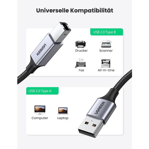 Ugreen USB 2.0 tip B printer kabel, kompatibilan s HP, Canon, Epson, Lexmark, Dell, Brother (5m) slika 2