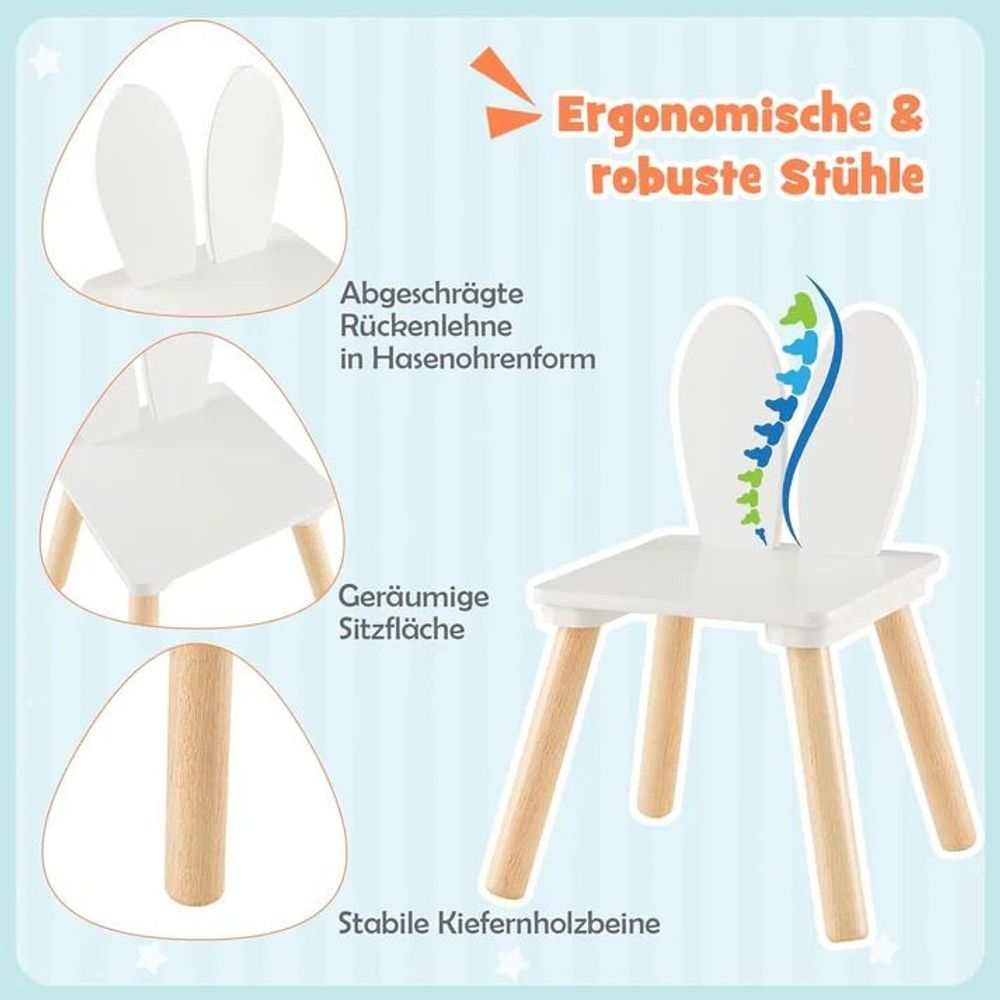 Kinder Home Drveni dječiji sto sa dvije stolice Bunny, Bijeli slika 6