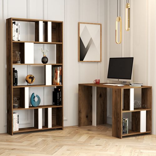 Woody Fashion Studijski stol i policu za knjige, Lima - Walnut, White slika 1