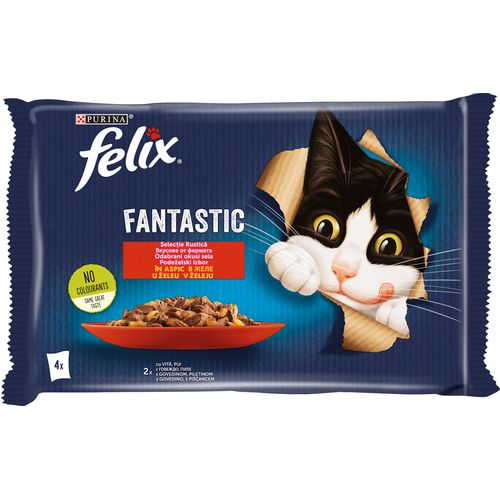 FELIX Fantastic Odabrani okusi sela, potpuna hrana za kućne ljubimce, za odrasle mačke, mokra hrana s govedinom u želeu i s piletinom u želeu, 4x85g slika 1