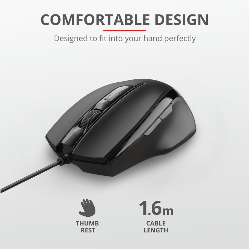 Trust Voca Comfortable Miš žičani, easy-to-use, crni,800-2400 DPI, optički, 6 tipki, usb 2.0 slika 2