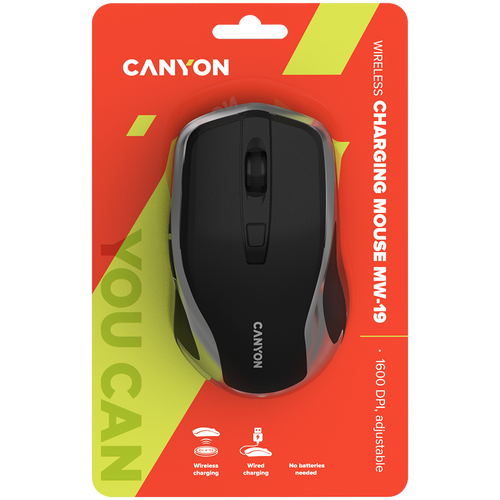 CANYON MW-19 2.4GHz Wireless Rechargeable Mouse with Pixart sensor, 6keys, Silent switch for right/left keys,DPI: 800/1200/1600, Max. usage 50 hours for one time full charged, 300mAh Li-poly battery, Black -Silver, cable length 0.6m, 121*70*39mm, 0.103kg slika 6