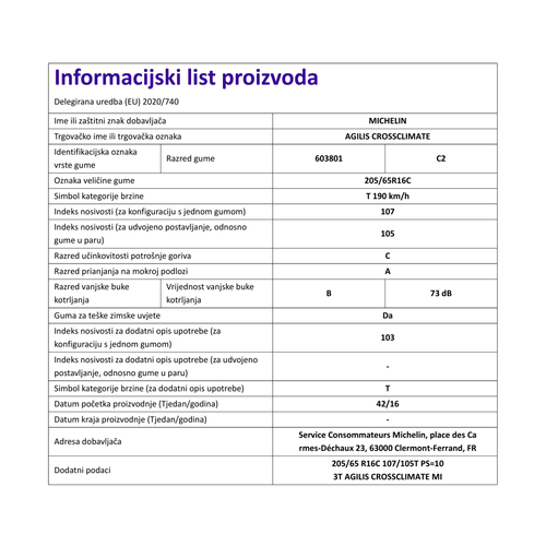 Michelin Guma 205/65r16c 107/105t ps=103t agilis crossclimate tl michelin cjelogodisnje kombi i polu gume slika 2