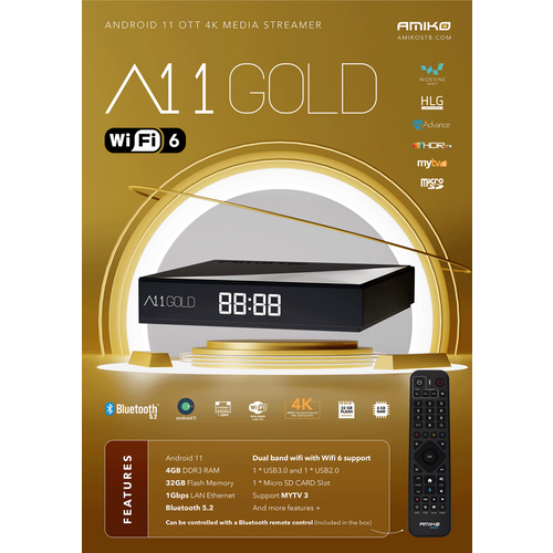 Amiko Prijemnik IPTV, Android OS, 4/32GB, 4K, WiFi, Bluetooth - A11 Gold slika 4