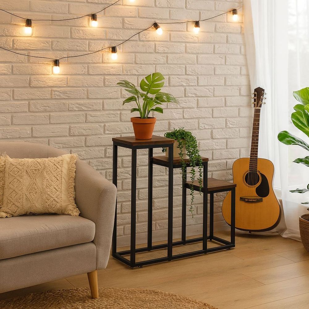 ModernHome loft stalak za cvijeće za dekoraciju, s 3 police crni slika 3