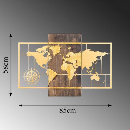 Wallity Drvena zidna dekoracija, World Map Wıth Compass - Gold slika 6