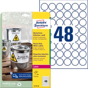 Avery Zweckform L4716 iznimo otporne naljepnice A4 okrugle 30mm vodootporne 20 listova 960 naljepnica bijele