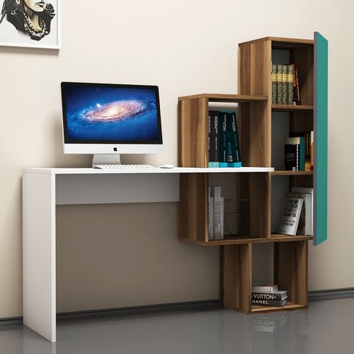 Açelya - Walnut, White, Turquoise WalnutWhiteTurquoise Study Desk slika 3