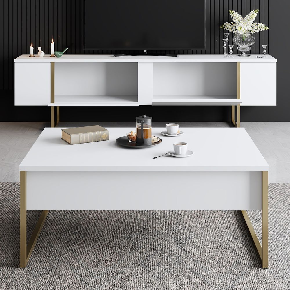 TV stalak Luxe - bijeli sa zlatnim detaljima slika 5