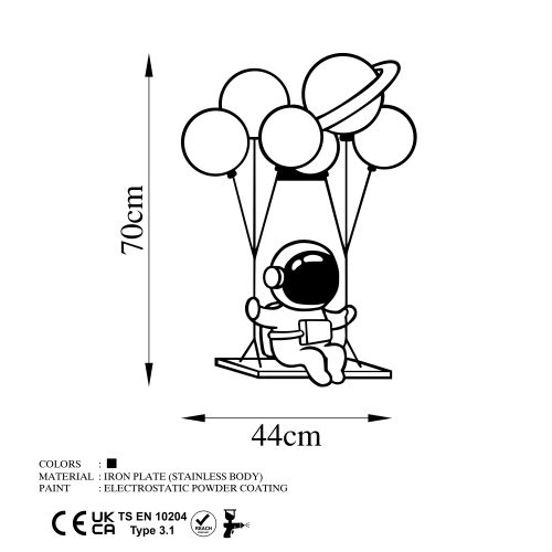 Wallity Astronaut 1 Crni Dekorativni Metalni Zidni Ukras slika 5