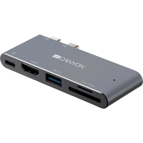 CANYON DS-5 Multiport Docking Station with 5 port, with Thunderbolt 3 Dual type C male port, 1*Thunderbolt 3 female+1*HDMI+1*USB3.0+1*SD+1*TF. Input 100-240V, Output USB-C PD100W&amp;USB-A 5V/1A, Aluminium alloy, Space gray, 90*41*11mm, 0.04kg slika 2