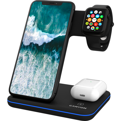 CANYON WS-303 3in1 Wireless charger, with touch button for Running water light, Input 9V/2A, 12V/2A, Output 15W/10W/7.5W/5W, Type c to USB-A cable length 1.2m, 137*103*140mm, 0.195Kg, Black slika 1