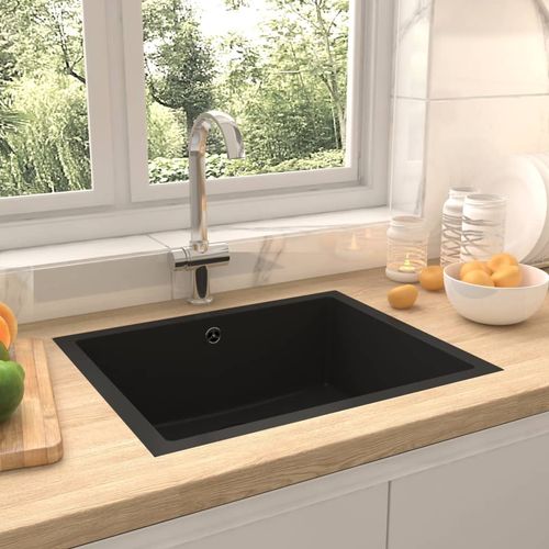 Kuhinjski sudoper s otvorom protiv prolijevanja crni granitni slika 1